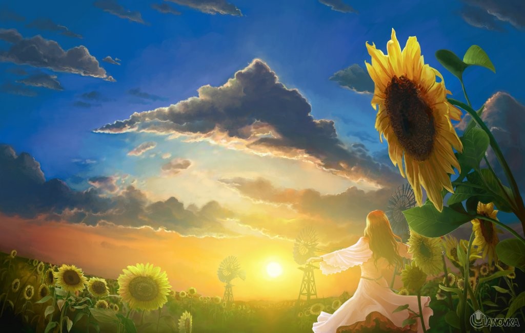Konachan_com___79060_brown_hair_clouds_dress_flowers_landscape_scenic_sky_sunflower.jpg
